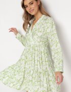 rosa Rochie Verde-Alb Mini Cloș Decorată cu motiv de frunze cu Volan Eralia