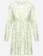 rosa Rochie Verde-Alb Mini Cloș Decorată cu motiv de frunze cu Volan Eralia