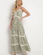 rosa Rochie Verde-Bej Evazată din Bumbac cu Bretele Subțiri cu Elastic în Talie și Broderie Xuretta