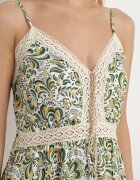 rosa Rochie Verde-Bej Evazată din Bumbac cu Bretele Subțiri cu Elastic în Talie și Broderie Xuretta