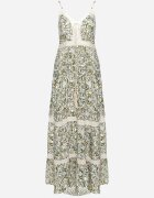 rosa Rochie Verde-Bej Evazată din Bumbac cu Bretele Subțiri cu Elastic în Talie și Broderie Xuretta