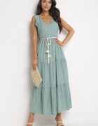 rosa Rochie Verde Cloche Maxi cu Șnur Împletit în Talie Ralica