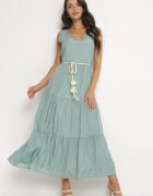 rosa Rochie Verde Cloche Maxi cu Șnur Împletit în Talie Ralica