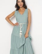 rosa Rochie Verde Cloche Maxi cu Șnur Împletit în Talie Ralica