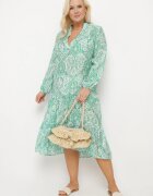 rosa Rochie Verde Cloș cu Mânecă Lungă și Decolteu Triunghiular cu Flori Morpia