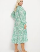 rosa Rochie Verde Cloș cu Mânecă Lungă și Decolteu Triunghiular cu Flori Morpia