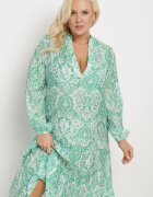 rosa Rochie Verde Cloș cu Mânecă Lungă și Decolteu Triunghiular cu Flori Morpia