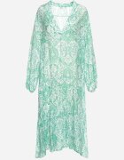 rosa Rochie Verde Cloș cu Mânecă Lungă și Decolteu Triunghiular cu Flori Morpia