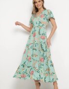 rosa Rochie Verde Cloș Maxi din Viscoză Florală cu Decolteu petrecut Ilitta