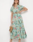 rosa Rochie Verde Cloș Maxi din Viscoză Florală cu Decolteu petrecut Ilitta