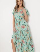 rosa Rochie Verde Cloș Maxi din Viscoză Florală cu Decolteu petrecut Ilitta