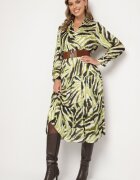 rosa Rochie Verde Cloș Petrecută cu Model Abstract cu Centură și Elastic în Talie Zinnaea