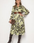 rosa Rochie Verde Cloș Petrecută cu Model Abstract cu Centură și Elastic în Talie Zinnaea
