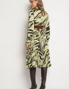 rosa Rochie Verde Cloș Petrecută cu Model Abstract cu Centură și Elastic în Talie Zinnaea