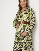 rosa Rochie Verde Cloș Petrecută cu Model Abstract cu Centură și Elastic în Talie Zinnaea