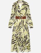 rosa Rochie Verde Cloș Petrecută cu Model Abstract cu Centură și Elastic în Talie Zinnaea