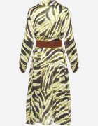 rosa Rochie Verde Cloș Petrecută cu Model Abstract cu Centură și Elastic în Talie Zinnaea