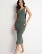 rosa Rochie Verde cu Bretele din Vâscoză Croială Creion cu Fentă Tirbia