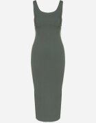 rosa Rochie Verde cu Bretele din Vâscoză Croială Creion cu Fentă Tirbia