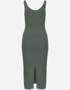 rosa Rochie Verde cu Bretele din Vâscoză Croială Creion cu Fentă Tirbia