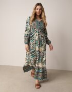 rosa Rochie Verde cu elastic în talie cu model etno Tilfa