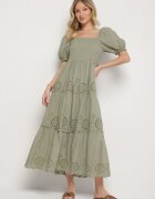 rosa Rochie Verde de Bumbac cu Model Brodat Iffanella