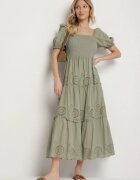 rosa Rochie Verde de Bumbac cu Model Brodat Iffanella