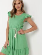 rosa Rochie Verde de Bumbac Evazată cu Elastic în Talie și Volane Ashvi