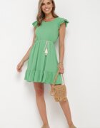 rosa Rochie Verde de Bumbac Evazată cu Elastic în Talie și Volane Ashvi