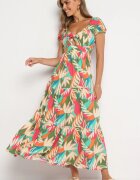 rosa Rochie Verde de Vâscoză Florală cu Decolteu Legat și Volan Meviera