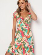 rosa Rochie Verde de Vâscoză Florală cu Decolteu Legat și Volan Meviera