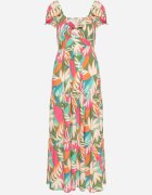rosa Rochie Verde de Vâscoză Florală cu Decolteu Legat și Volan Meviera