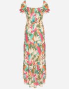 rosa Rochie Verde de Vâscoză Florală cu Decolteu Legat și Volan Meviera