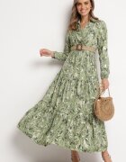 rosa Rochie Verde deschis cu model vegetal și Curea împletită Nouylas