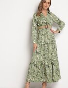 rosa Rochie Verde deschis cu model vegetal și Curea împletită Nouylas