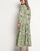 rosa Rochie Verde deschis cu model vegetal și Curea împletită Nouylas