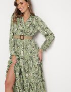 rosa Rochie Verde deschis cu model vegetal și Curea împletită Nouylas