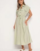 rosa Rochie verde deschis din viscoză cloș cu elastic în talie decorată cu nasturi Lemvia