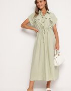 rosa Rochie verde deschis din viscoză cloș cu elastic în talie decorată cu nasturi Lemvia