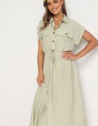 rosa Rochie verde deschis din viscoză cloș cu elastic în talie decorată cu nasturi Lemvia