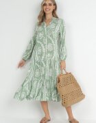 rosa Rochie Verde deschis Oversize cu Volan la Bază și Model Ornamental Amycia