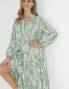 rosa Rochie Verde deschis Oversize cu Volan la Bază și Model Ornamental Amycia