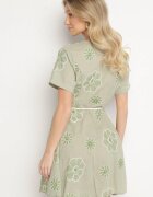 rosa Rochie Verde deschisă în stil Boho cu flori brodate cu șnur Evionis