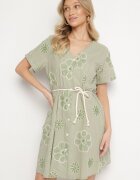 rosa Rochie Verde deschisă în stil Boho cu flori brodate cu șnur Evionis