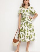 rosa Rochie Verde din Bumbac Ajurată cu Flori cu Fustă Evazată Florbia