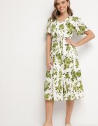 rosa Rochie Verde din Bumbac Ajurată cu Flori cu Fustă Evazată Florbia