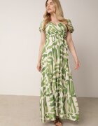 rosa Rochie Verde din Vâscoză cu Decolteu Petrecut și Curea din Material cu Elastic în Talie Vikailla