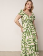rosa Rochie Verde din Vâscoză cu Decolteu Petrecut și Curea din Material cu Elastic în Talie Vikailla