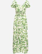 rosa Rochie Verde din Vâscoză cu Decolteu Petrecut și Curea din Material cu Elastic în Talie Vikailla
