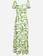 rosa Rochie Verde din Vâscoză cu Decolteu Petrecut și Curea din Material cu Elastic în Talie Vikailla